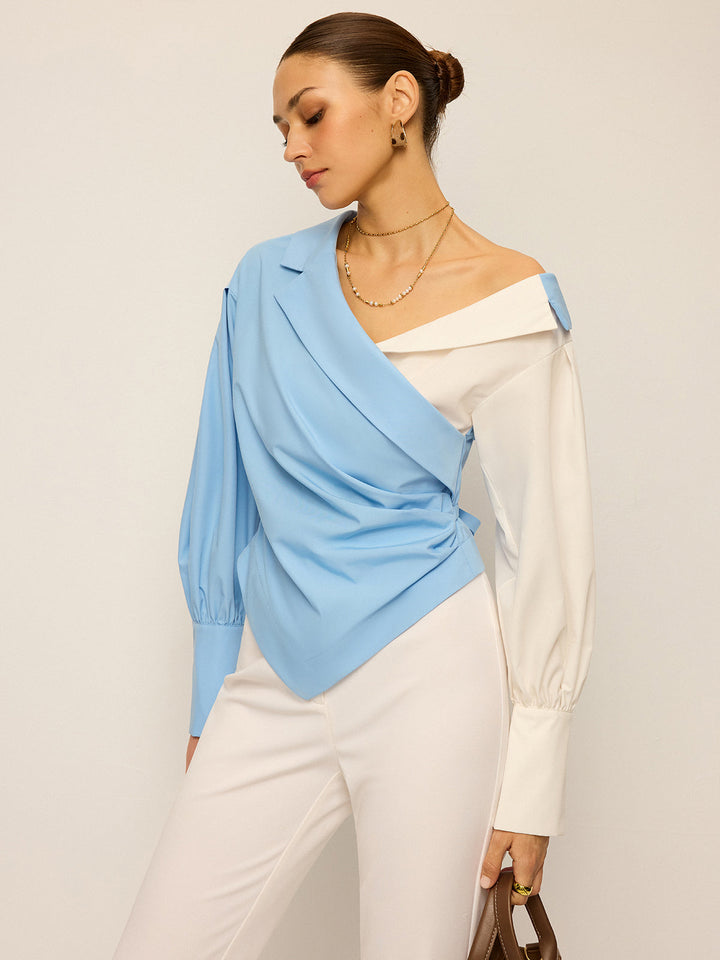 Two-Tone Asymmetric Off-Shoulder Shirt