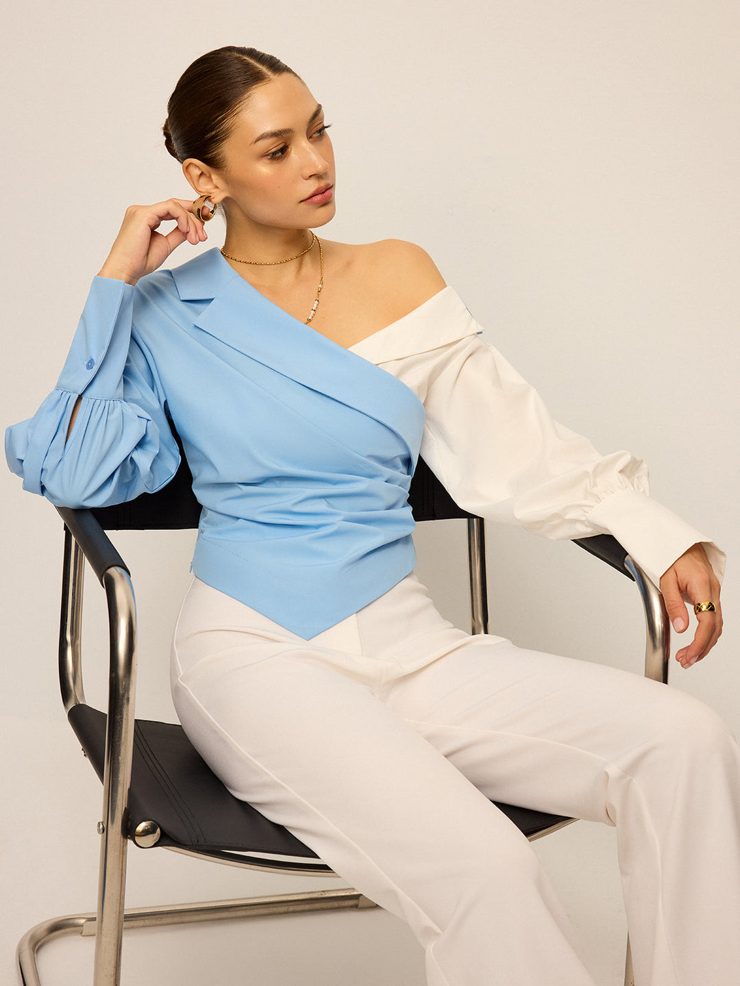 Two-Tone Asymmetric Off-Shoulder Shirt