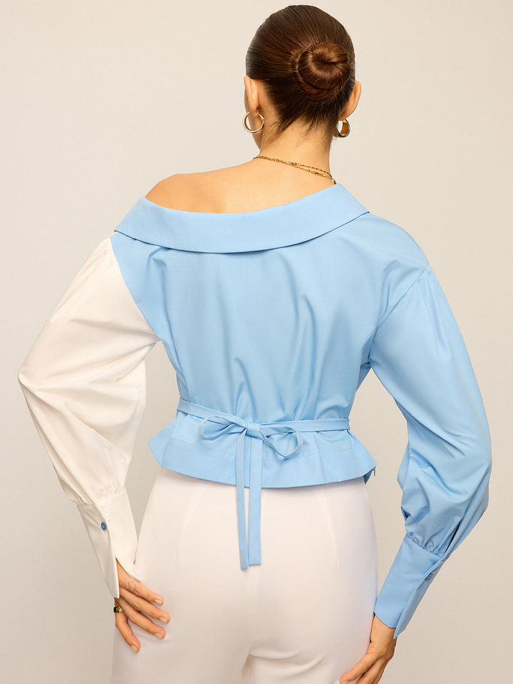 Two-Tone Asymmetric Off-Shoulder Shirt