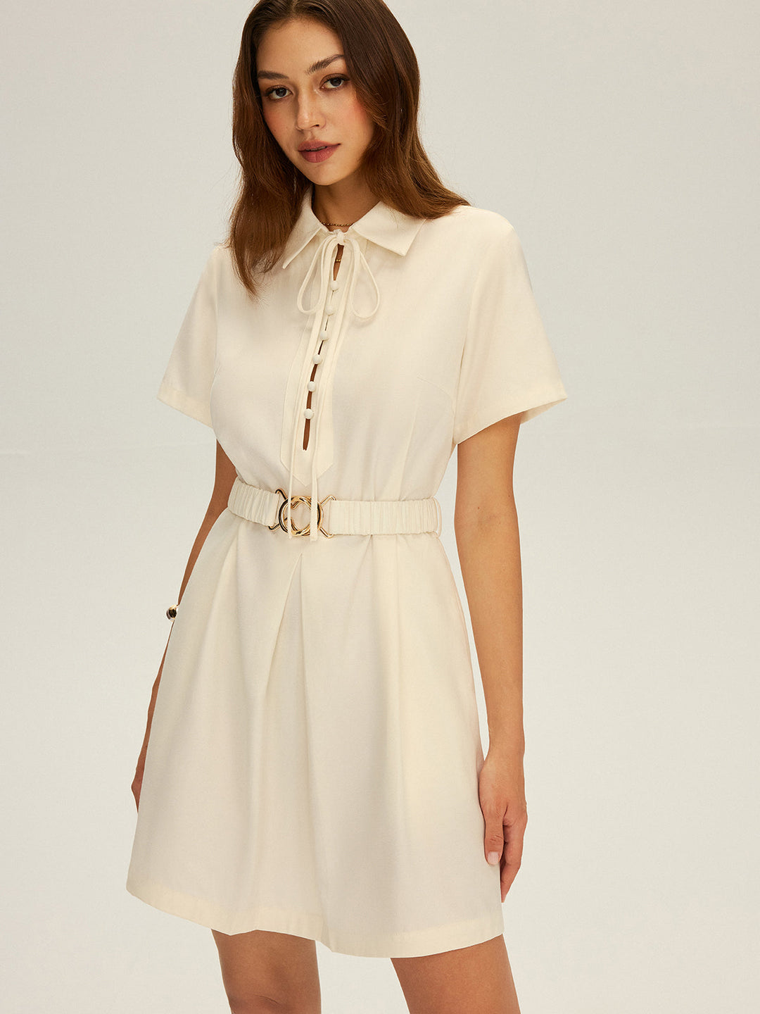Tie-Neck Shirt Dress with Belt