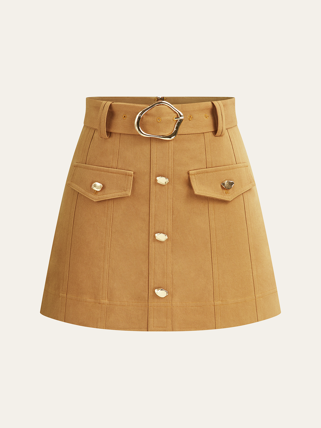Metal Button Belted Mini Skirt with Decor Pocket