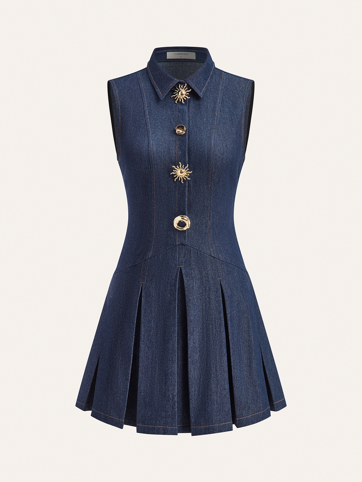 Denim Sleeveless Pleated Shirt Dress
