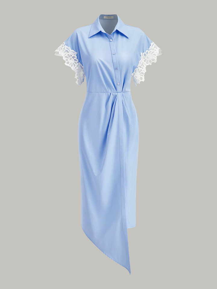 Lace Trim Asymmetric Hem Shirt Dress