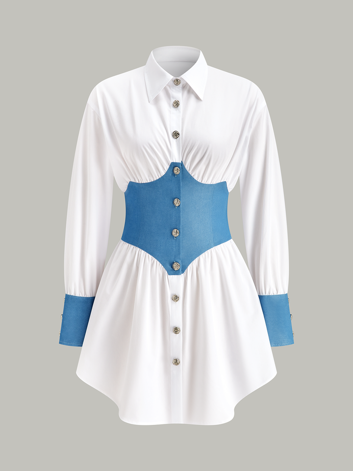 Contrast Panel Button Shirt Dress