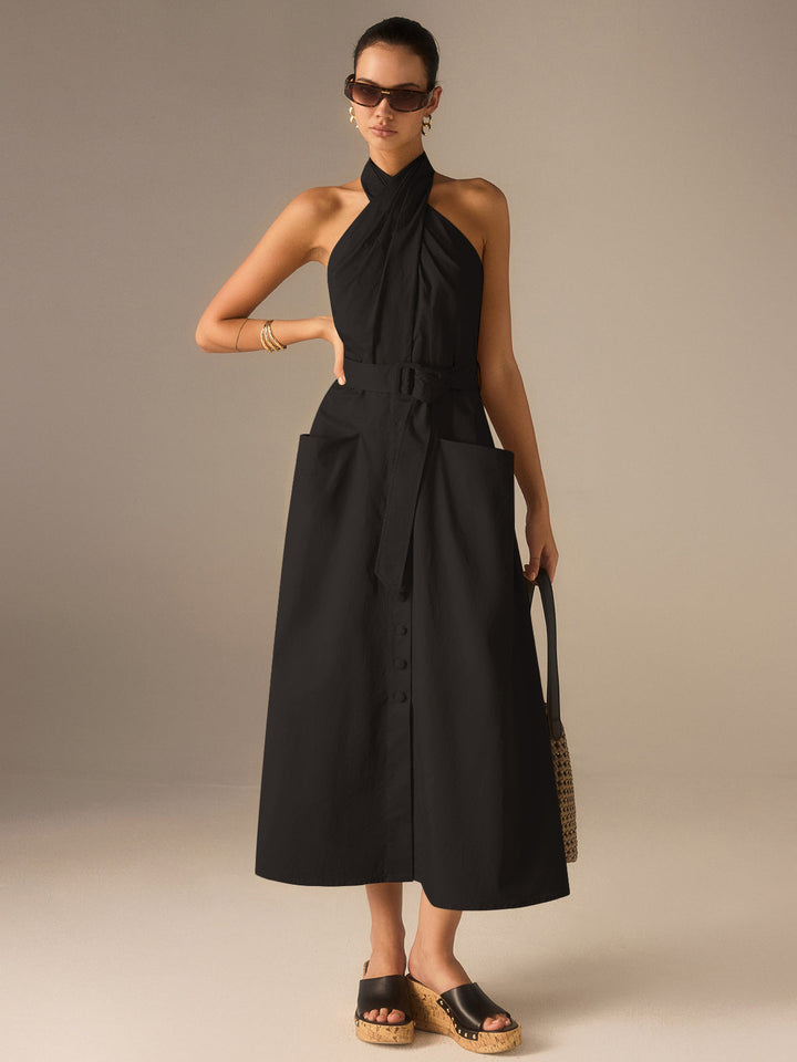 Cotton Pleated Halter Neck Belted Midi Dress