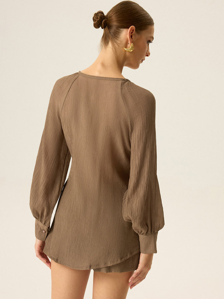 Ruched V-Neck Textured Shorts Set