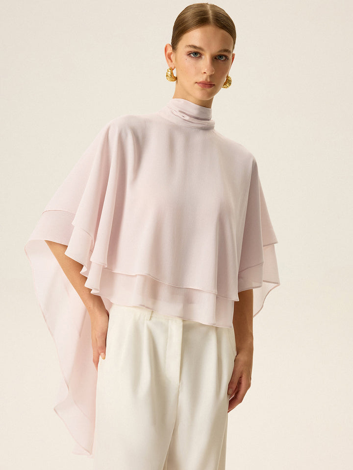 Semi-Sheer Chiffon High-Neck Tiered Cape Top