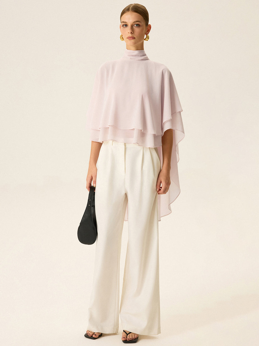 Semi-Sheer Chiffon High-Neck Tiered Cape Top