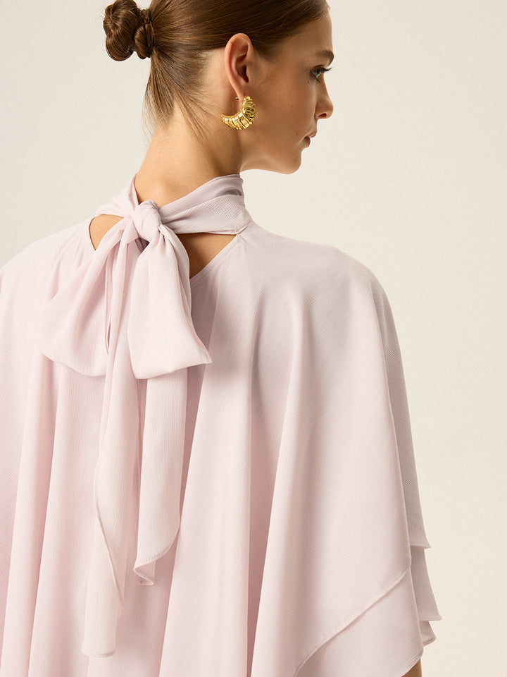 Semi-Sheer Chiffon High-Neck Tiered Cape Top