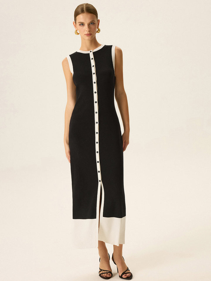 Contrast Trim Button Maxi Dress