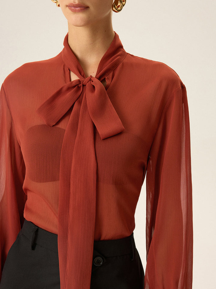 Semi-Sheer Chiffon Tie Neck Blouse