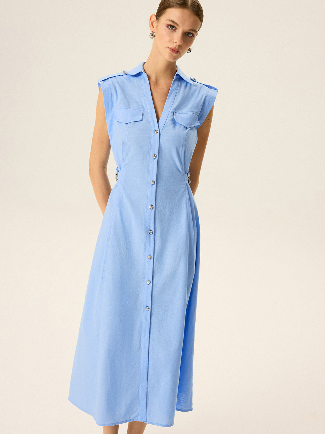 Linen & Cotton V-Neck Midi Dress with Metal Button