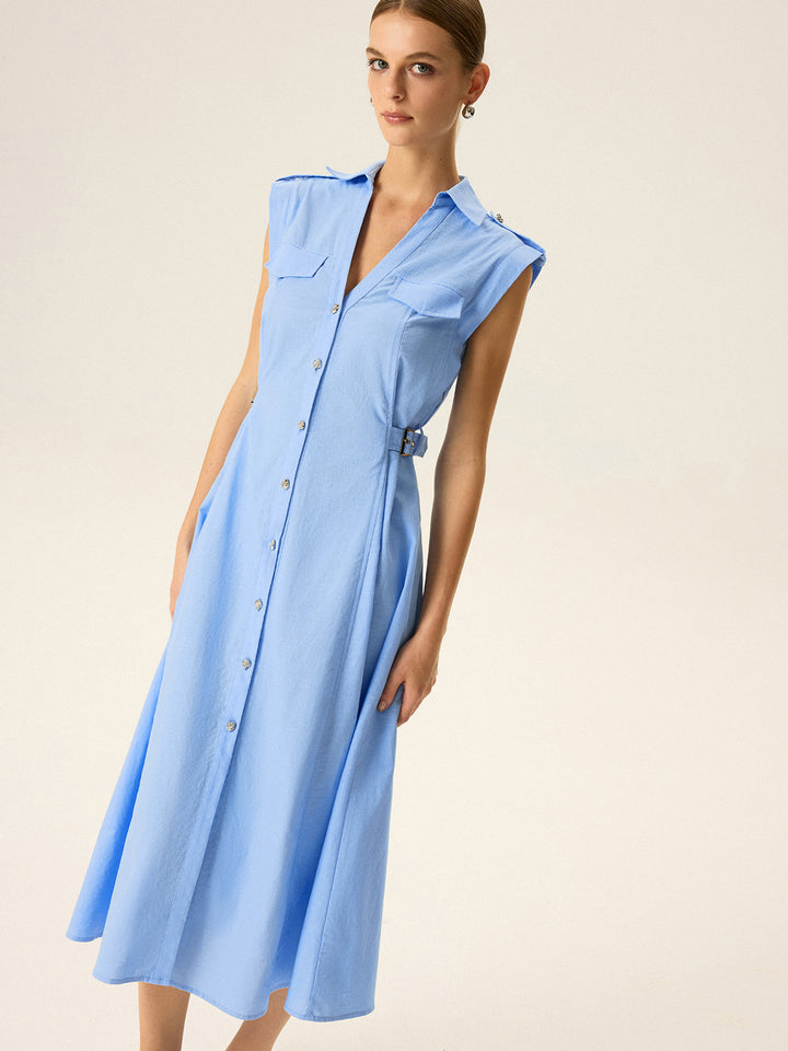 Linen & Cotton V-Neck Midi Dress with Metal Button