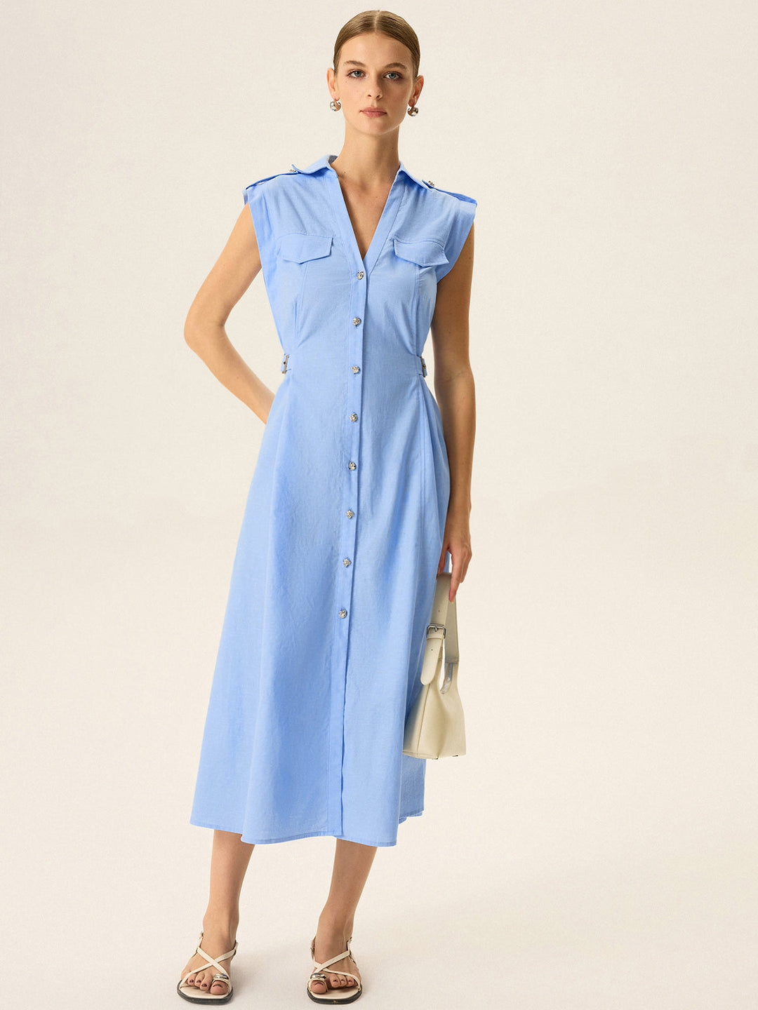 Linen & Cotton V-Neck Midi Dress with Metal Button