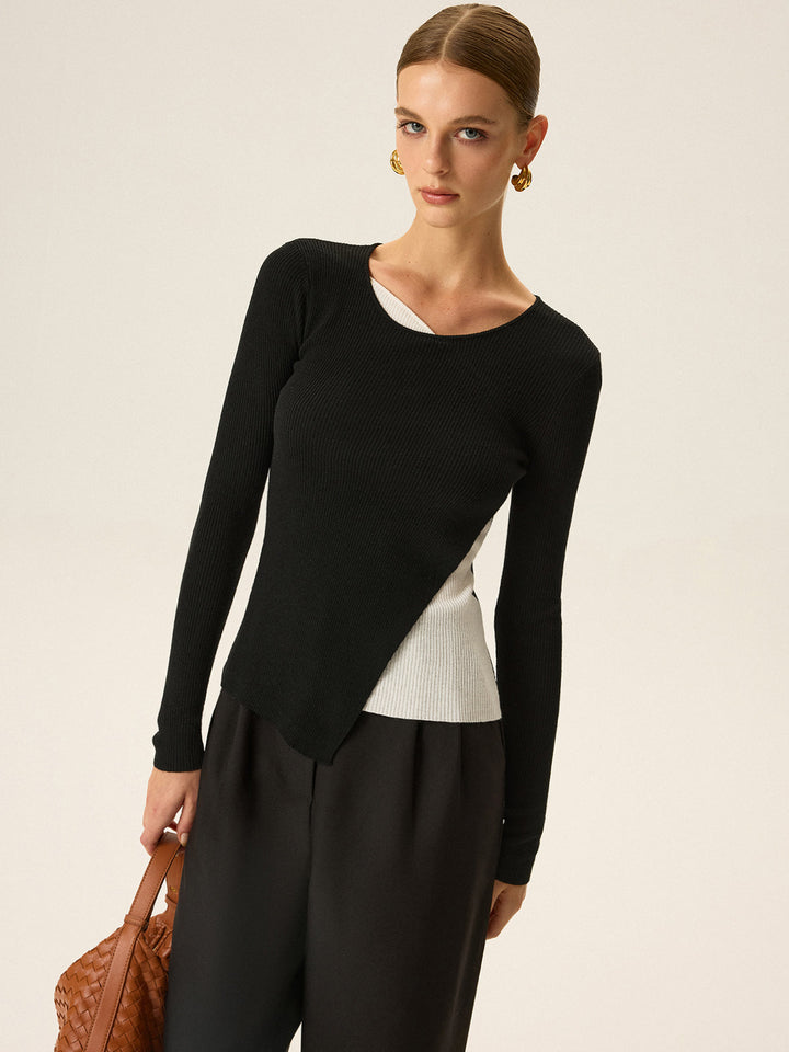 2 in 1 Color-Block Asymmetric Ribbed Knit Top