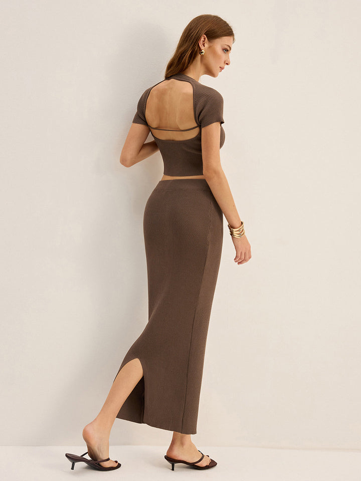 Knit Backless Short-Sleeve Top and Slit Midi Skirt Set