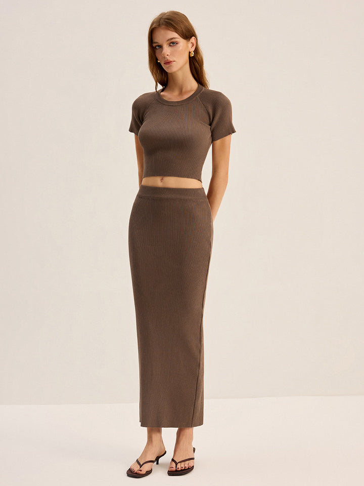 Knit Backless Short-Sleeve Top and Slit Midi Skirt Set