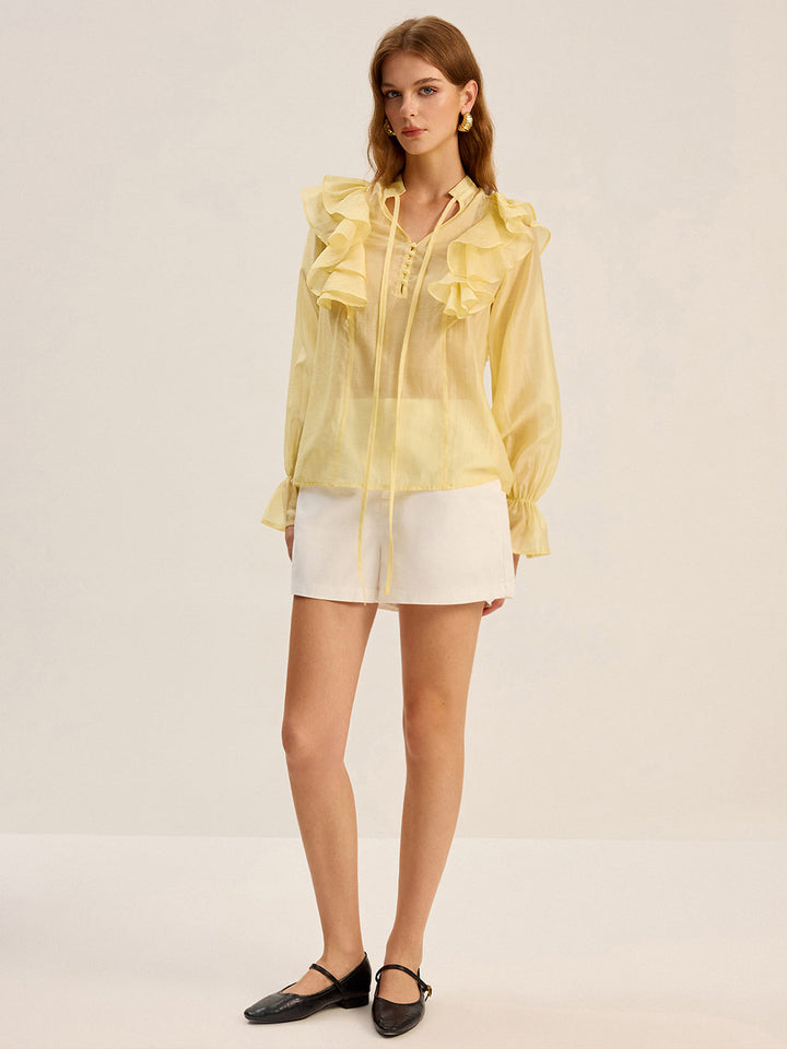 Semi-Sheer Tencel Ruffle Tie Neck Blouse