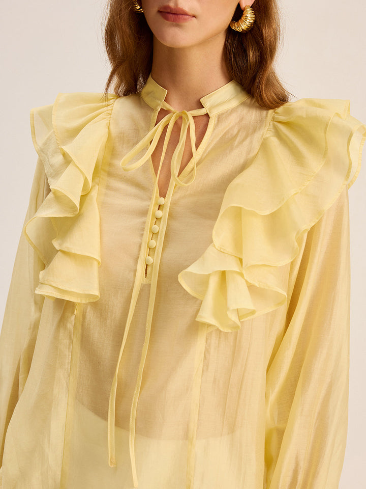 Semi-Sheer Tencel Ruffle Tie Neck Blouse