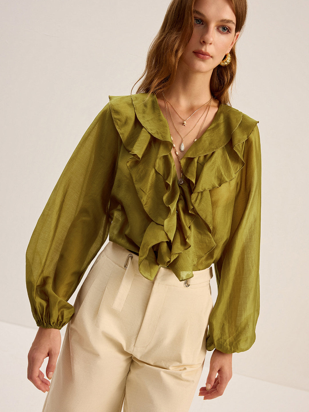 Semi-Sheer Tencel Ruffle Blouse
