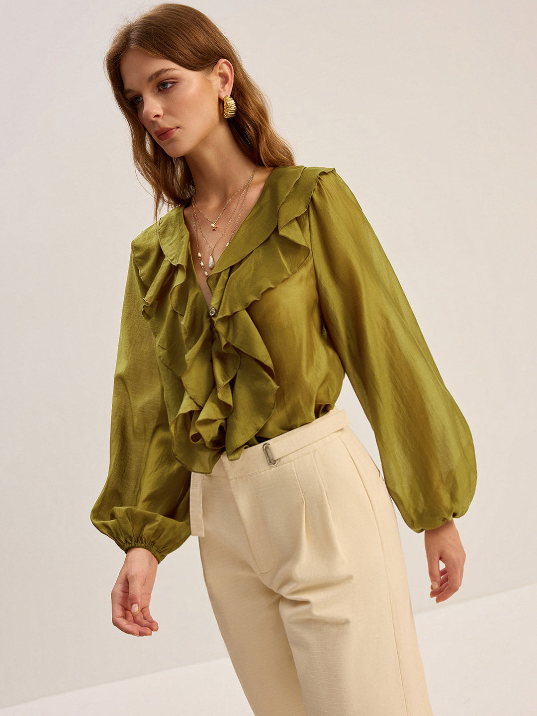 Semi-Sheer Tencel Ruffle Blouse