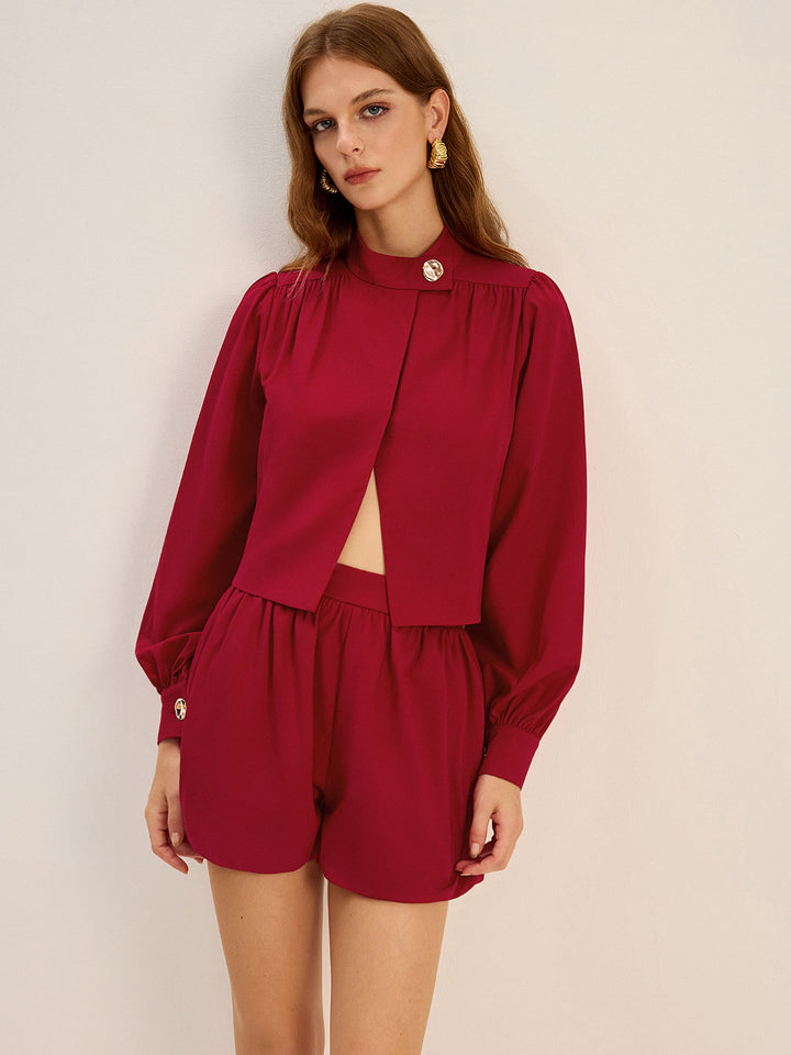 Metal Button Asymmetric Long-Sleeve Top