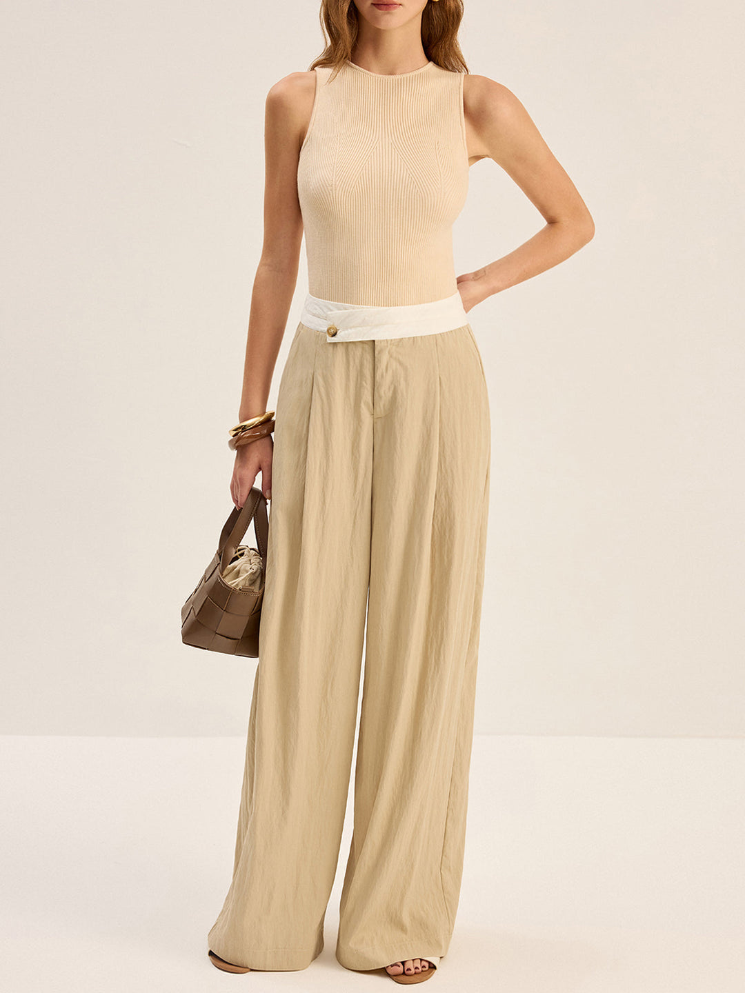 Contrast Waistband Wide-Leg Pants