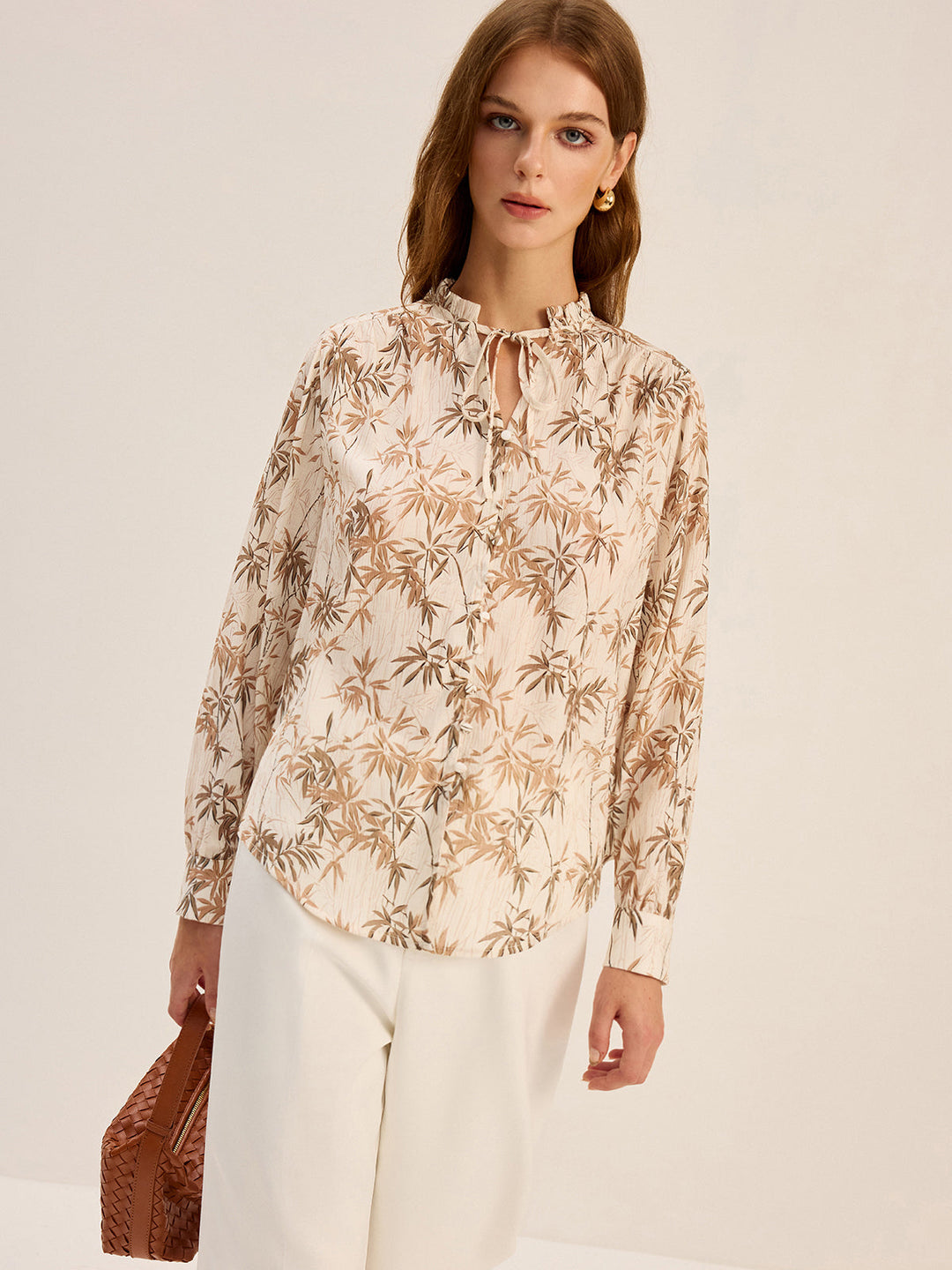 Leaf Printed Tie-Neck Rayon Shirt