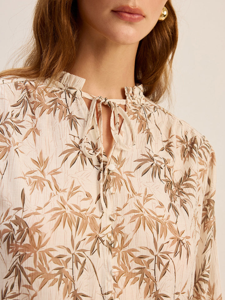 Leaf Printed Tie-Neck Rayon Shirt