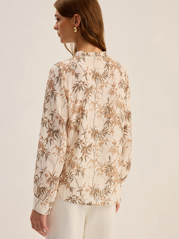 Leaf Printed Tie-Neck Rayon Shirt