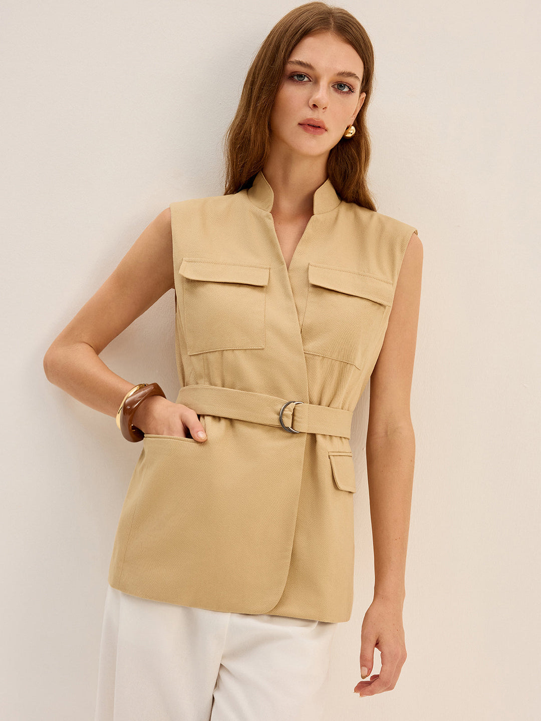 Belted Sleeveless Cargo Vest