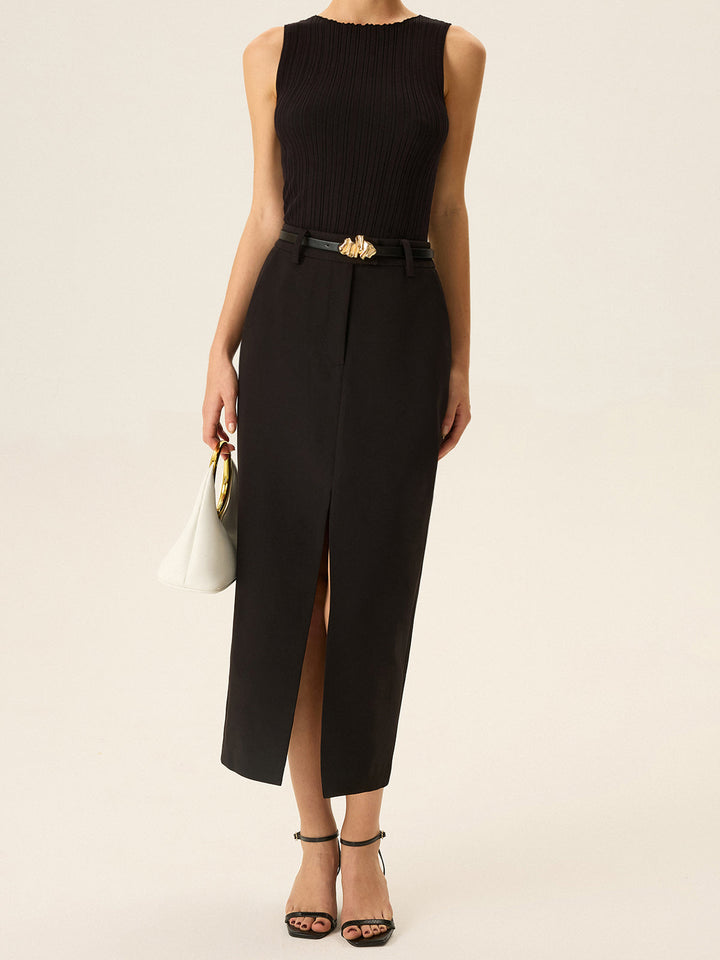 Beltled Pocket Slit Midi Skirt