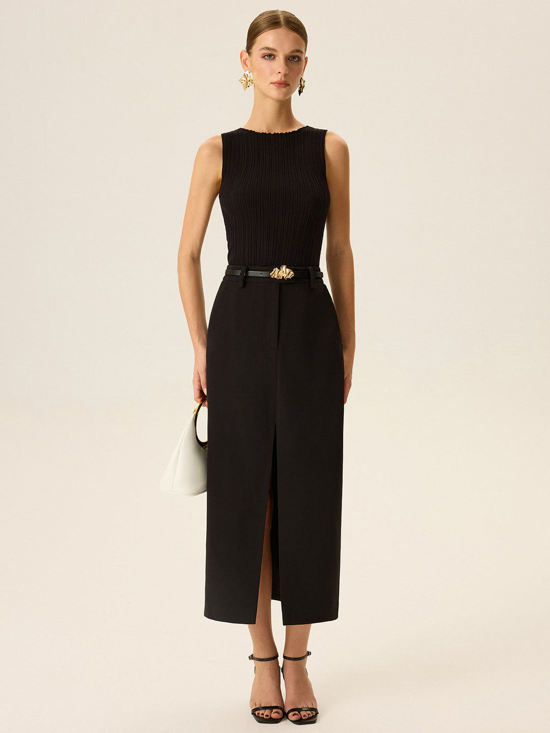 Beltled Pocket Slit Midi Skirt