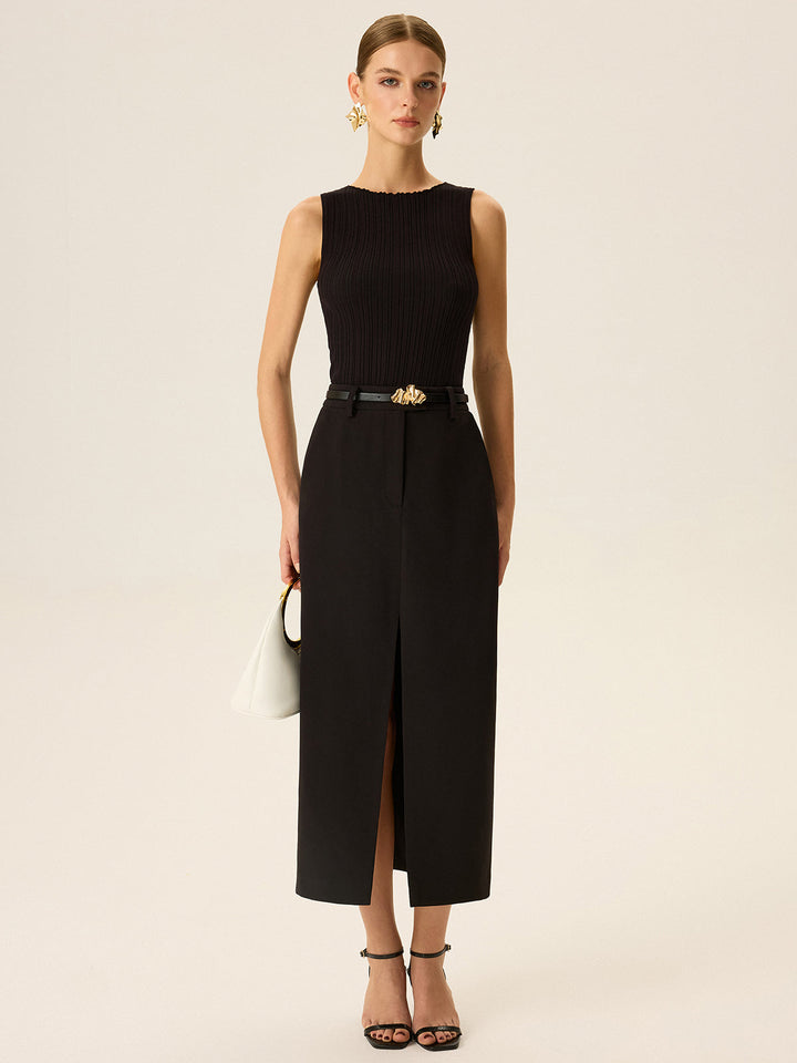 Beltled Pocket Slit Midi Skirt