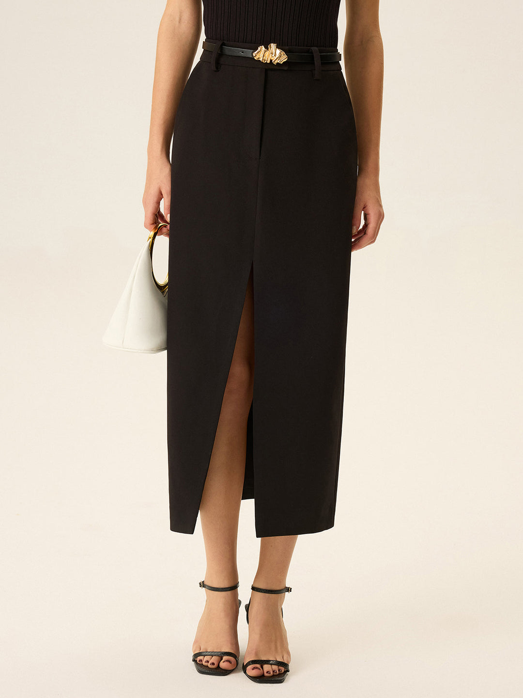 Beltled Pocket Slit Midi Skirt