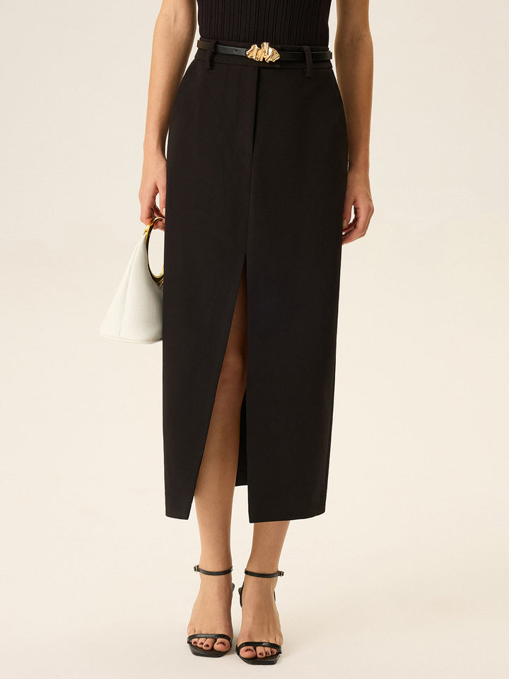 Beltled Pocket Slit Midi Skirt