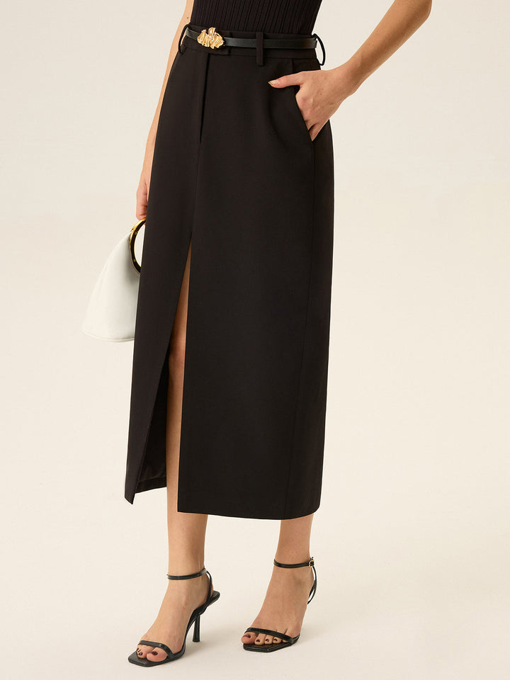 Beltled Pocket Slit Midi Skirt