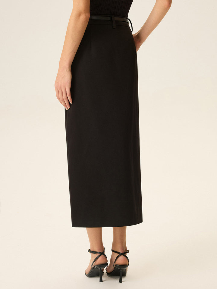 Beltled Pocket Slit Midi Skirt