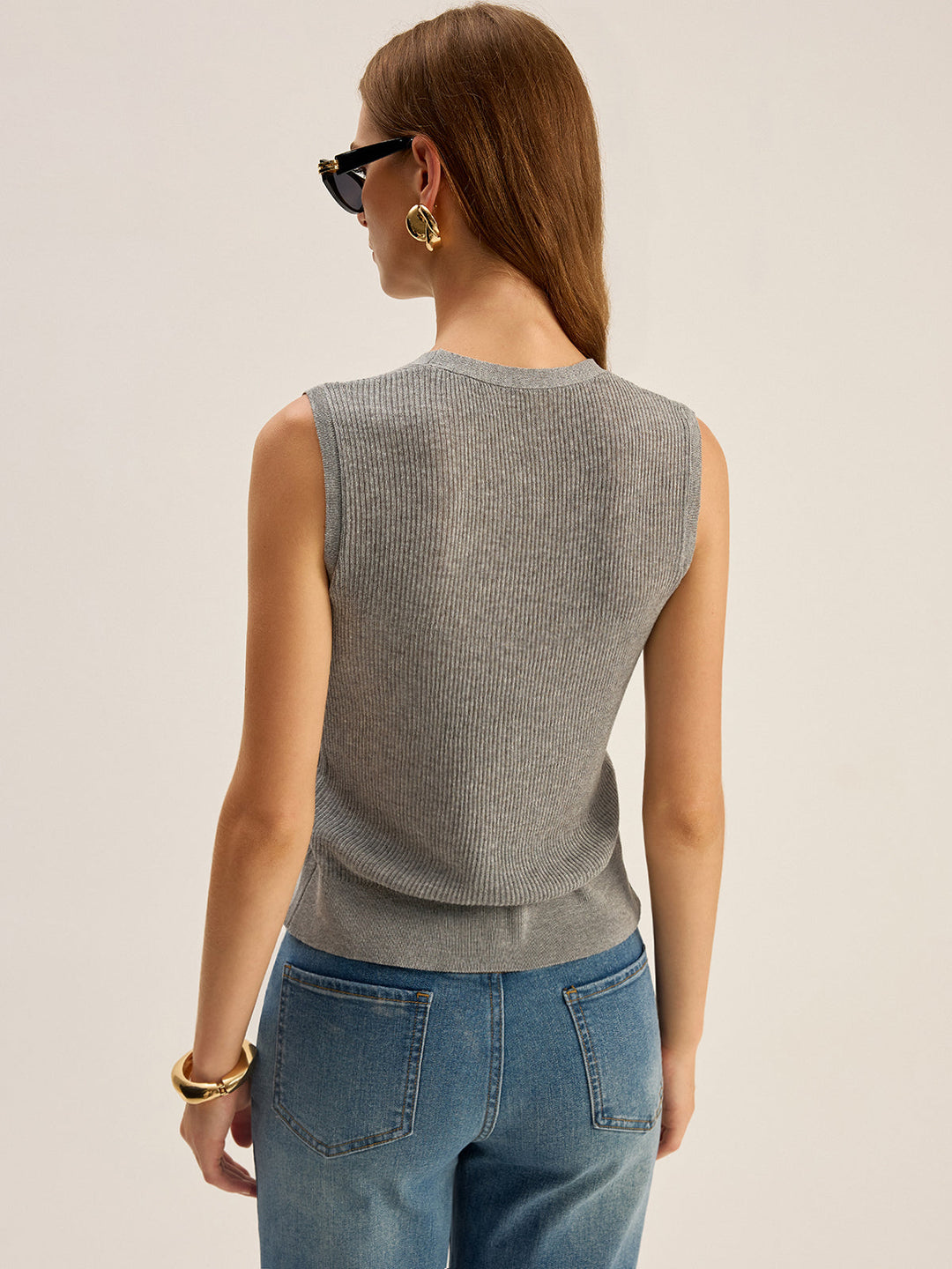 Ribbed V-Neck Button-Front Knit Vest