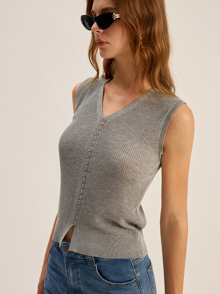 Ribbed V-Neck Button-Front Knit Vest