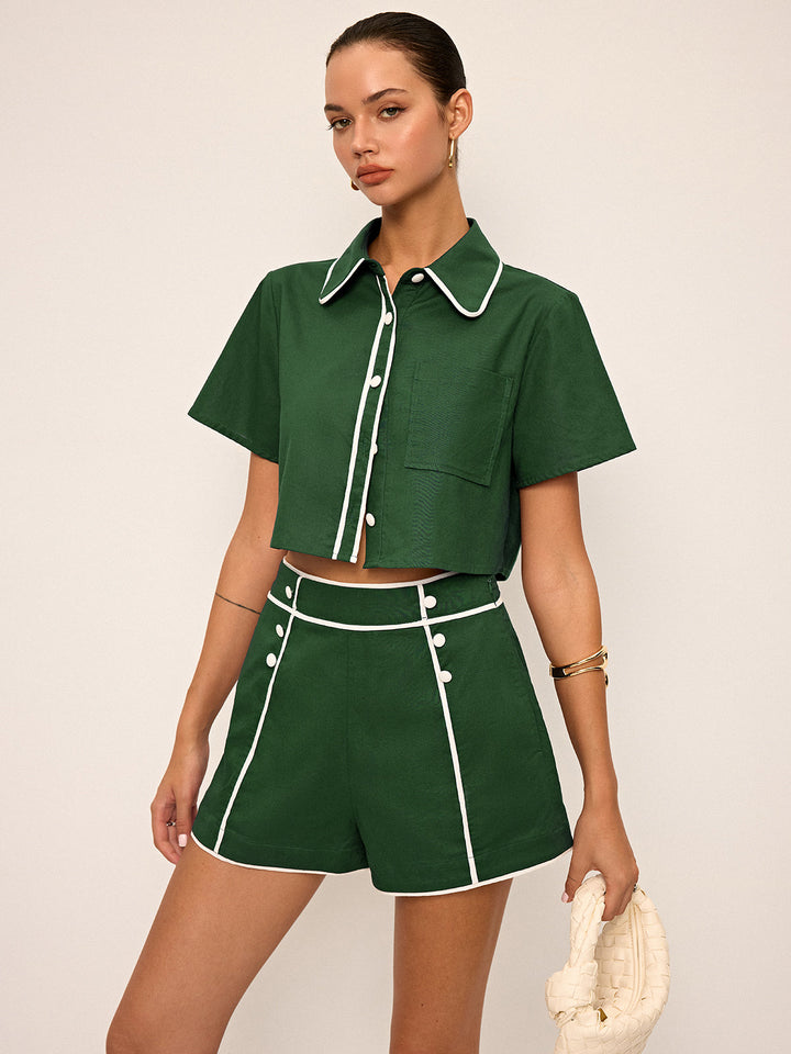 Contrast Piping Crop Shirt and Shorts Set