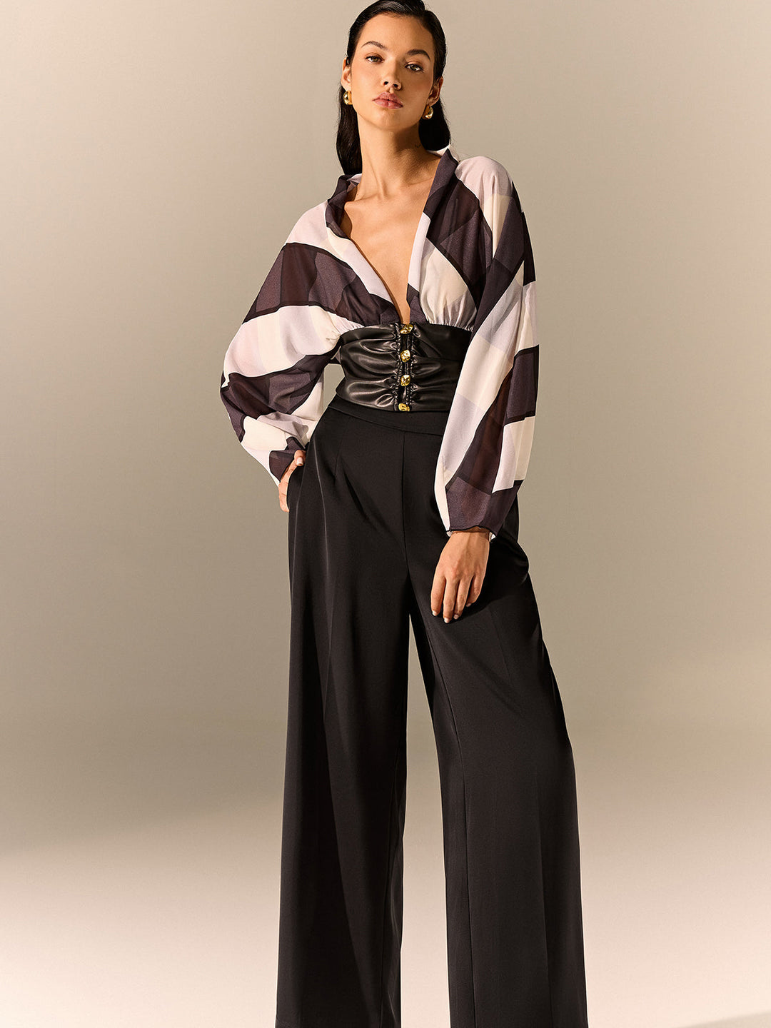Semi-Sheer Striped Panel Faux Leather Top