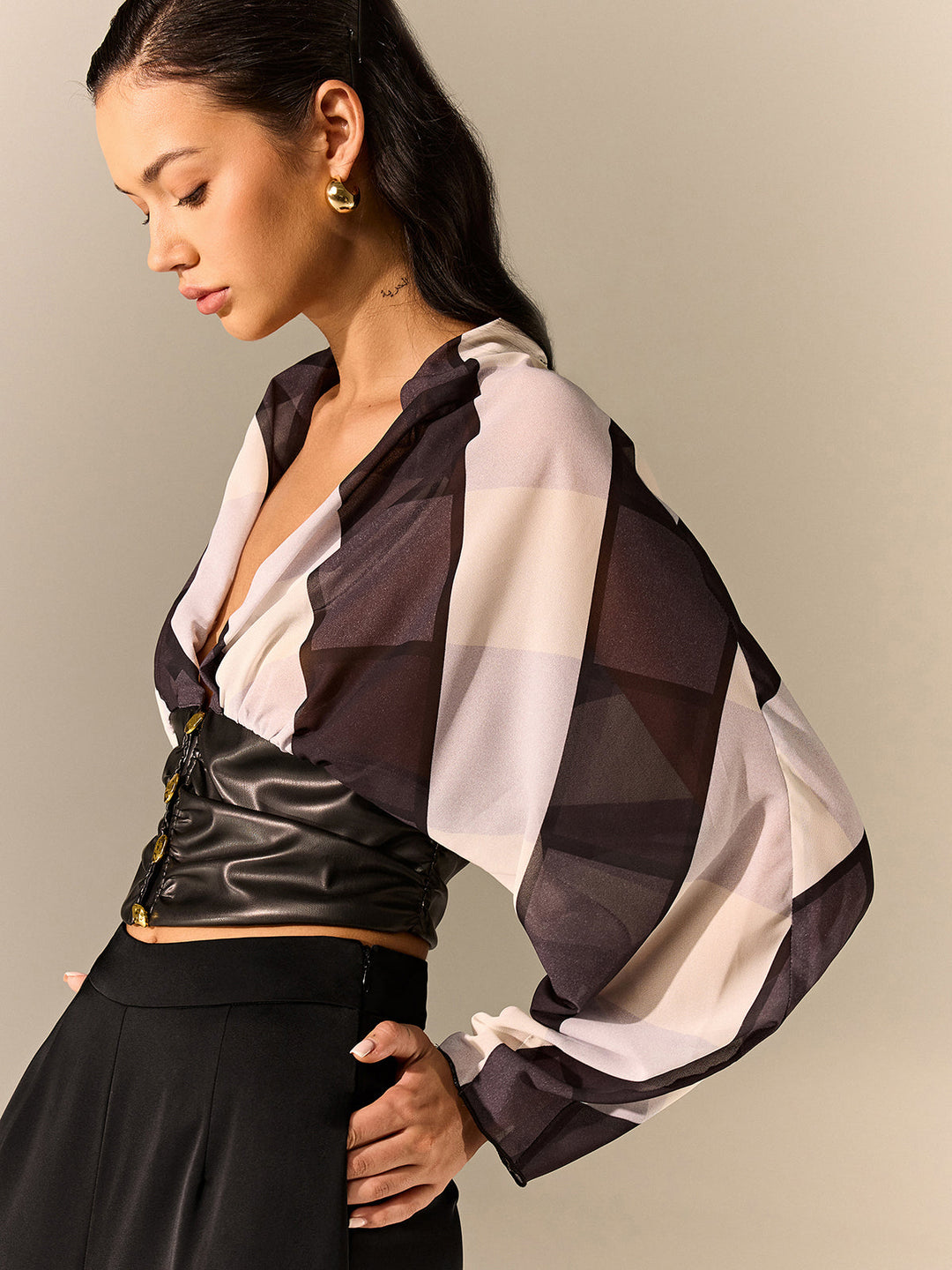 Semi-Sheer Striped Panel Faux Leather Top