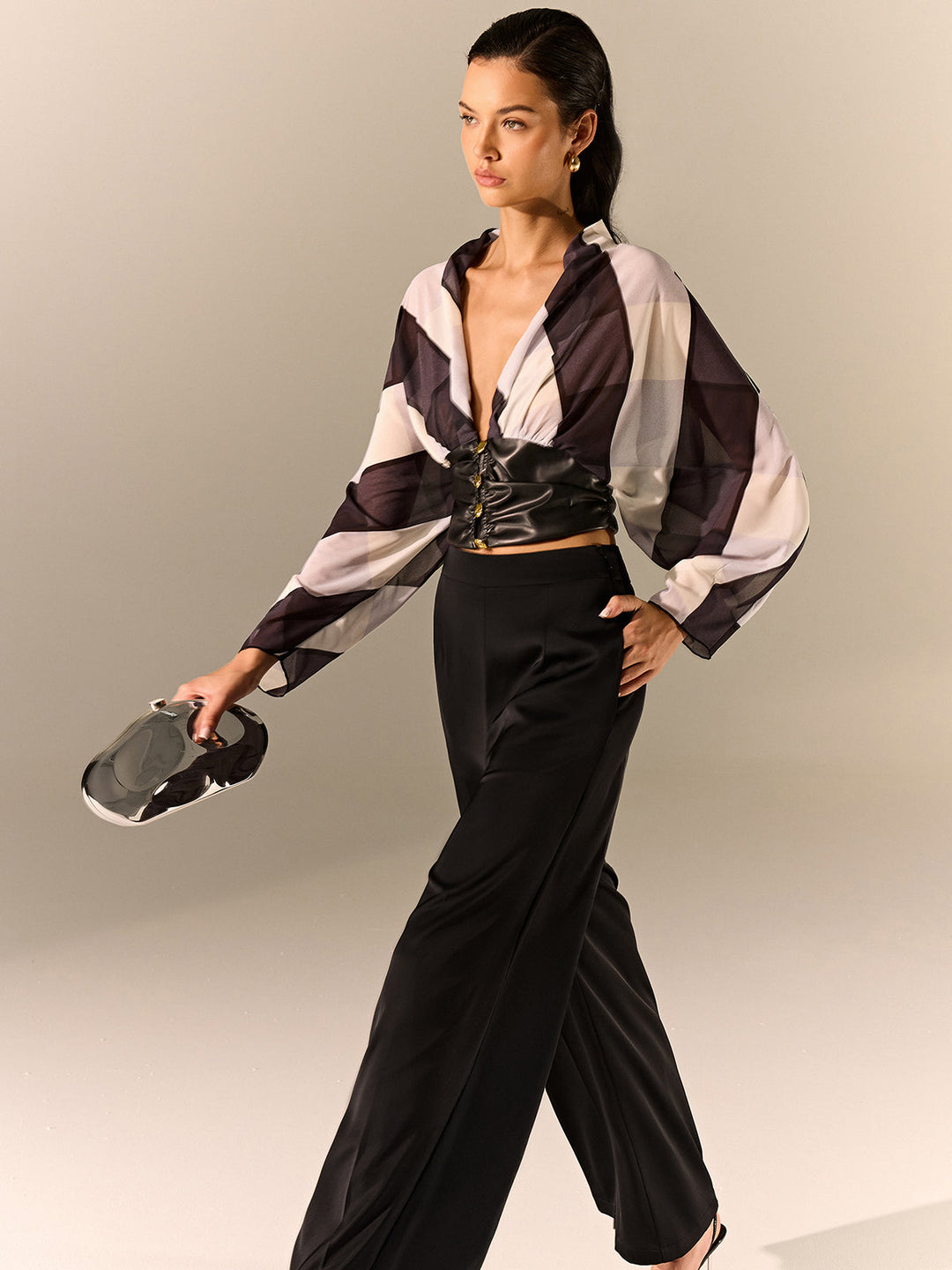 Semi-Sheer Striped Panel Faux Leather Top