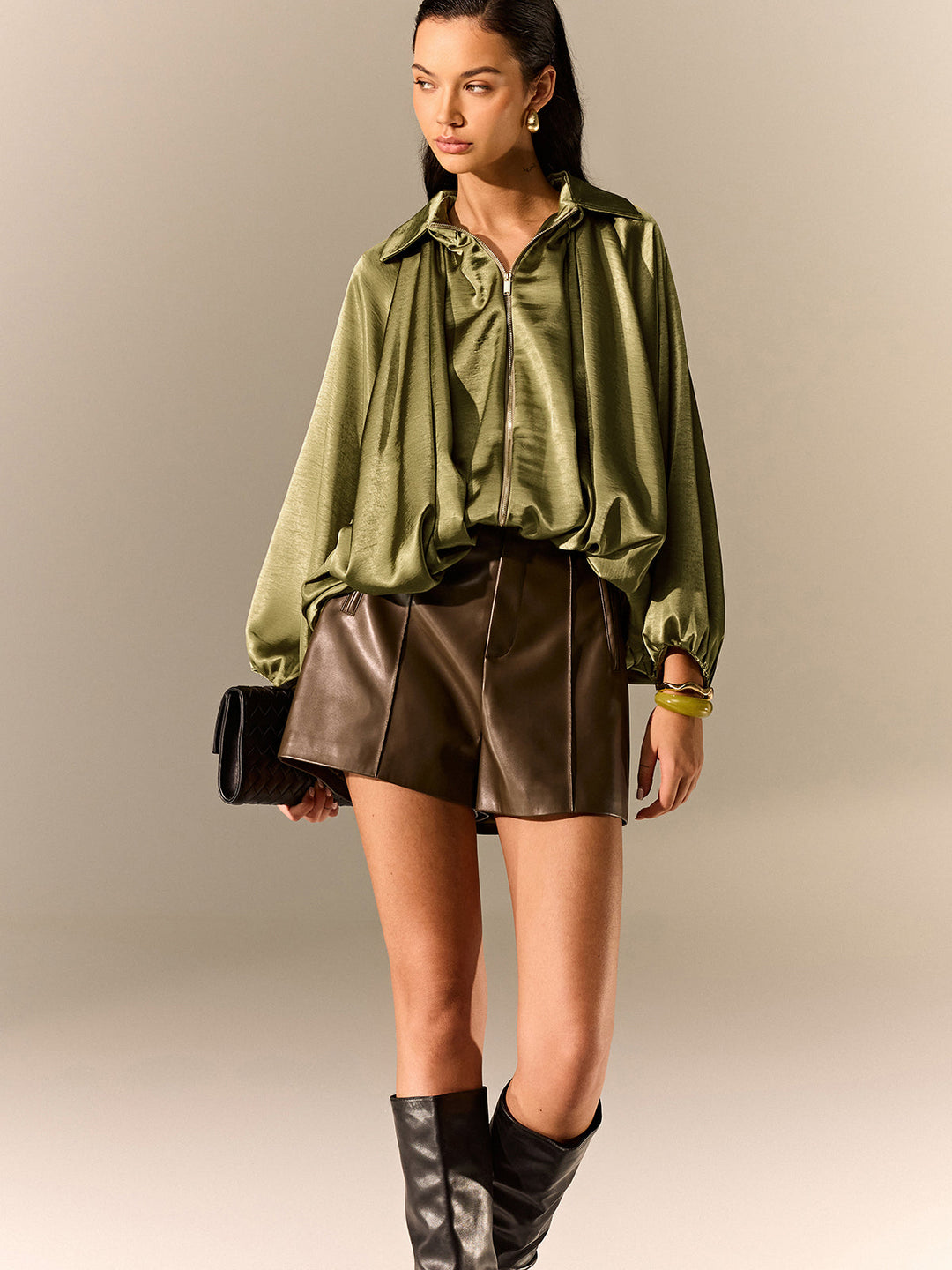 Satin Pleated Lantern-Sleeve Shirt Jacket