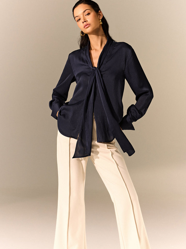 Tie-Neck Long-Sleeve Satin Blouse