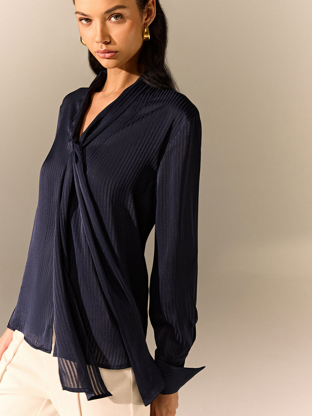 Tie-Neck Long-Sleeve Satin Blouse