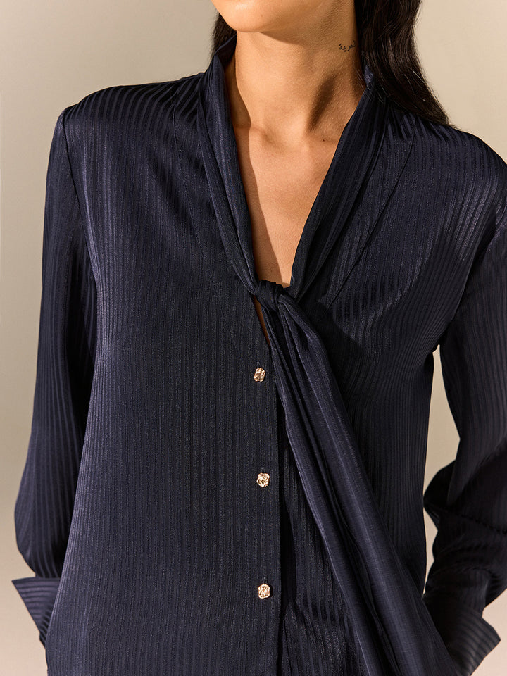 Tie-Neck Long-Sleeve Satin Blouse