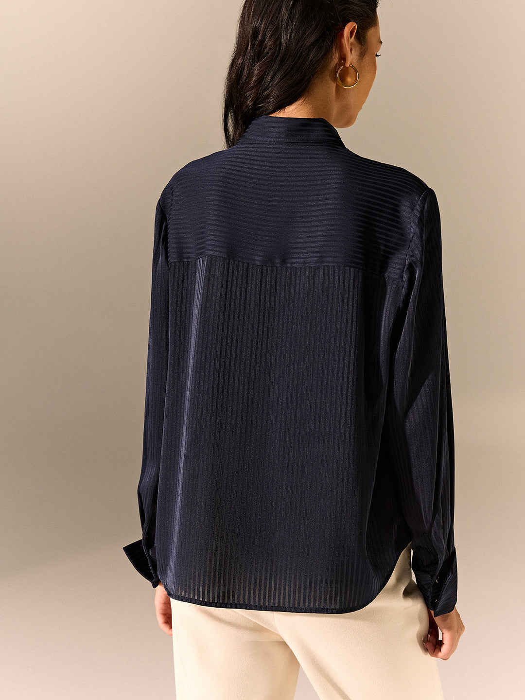 Tie-Neck Long-Sleeve Satin Blouse