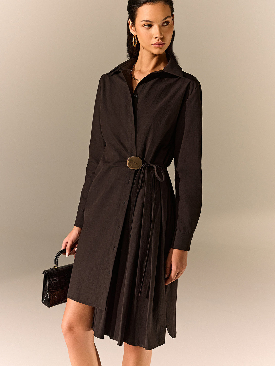 Asymmetric Pleated Hem Shirt Dress